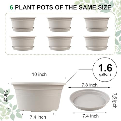 6 Pack 10 inch Plant Pot, Shallow Planters with Drainage Hole & Tray Saucer - color: Gray White, size: 10 Inch - 6Pack