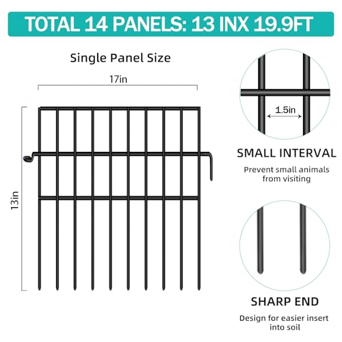 14 Panels Animal Barrier Fence, No Dig Fences, 13in(H) X 19.9ft(L) Garden Fence Animal Barrier for Rabbit and Dog Under Fencing Barrier, Rustproof Metal Fences Border for Outdoor, Yard, Patio - size: 14 Panels-19.9ft(L)x13in(H)