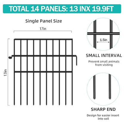 14 Panels Animal Barrier Fence, No Dig Fences, 13in(H) X 19.9ft(L) Garden Fence Animal Barrier for Rabbit and Dog Under Fencing Barrier, Rustproof Metal Fences Border for Outdoor, Yard, Patio - size: 14 Panels-19.9ft(L)x13in(H)