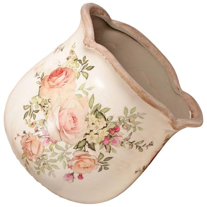 Ceramic Flower Vase, Rustic Farmhouse Vases & Planting Pots with Drainage - color: Ivory Blush Floral