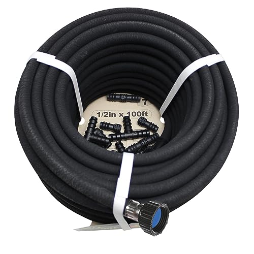 Soaker Hose 100ft - 1/2 Round Rubber Garden Soaker Hoses Kit, Heavy Duty Irrigation Drip Hose, Water Seeper Soaking Hose for Gardens, Flower Beds And Lawn Yard - size: 100FT by 1/2"