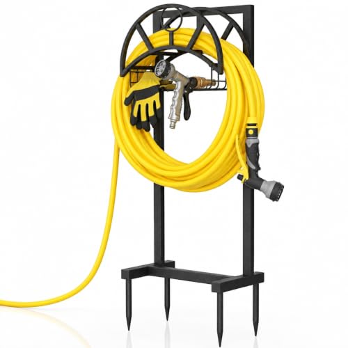 Garden Hose Holder with Basket & 4-Spike Base