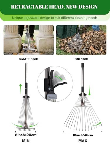 Adjustable Metal Leaf Rake Set Garden Rake for Leaves Long Handle 37"-63" Expandable Head Gardening Tools Set Includes 44 Gallon Bag & Scoop & Gloves Rakes for Lawns Heavy Duty for Yard Lawn Garden