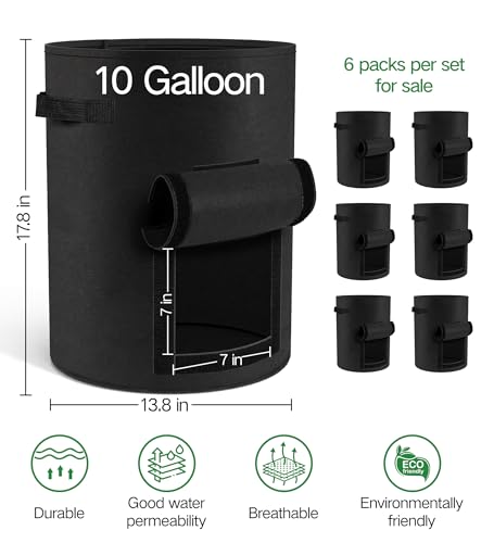6-Pack 10 Gallon Potato Grow Bags – Durable Nonwoven Fabric Planters with Reinforced Handles | Reusable Garden Containers for Potatoes, Vegetables (Black, 10 Gallons/6 Pack) - size: 10 Gallons