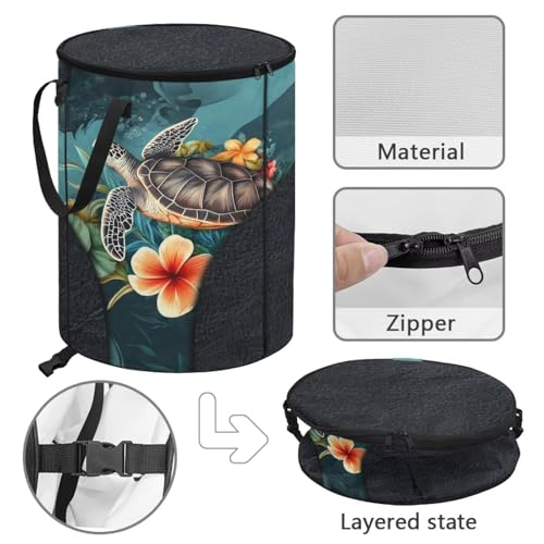 BIGCARJOB Flower Turtle Outdoor Trash Can Storage Collapsible Pop-up Recycle Trash Can 22.83x17.71 Waterproof Garbage Bin Bag with Lid and Clip - color: Flower Turtle Print