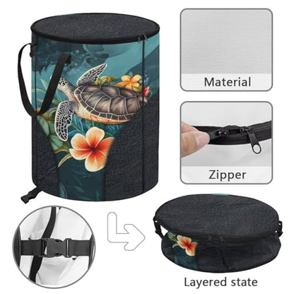 BIGCARJOB Flower Turtle Outdoor Trash Can Storage Collapsible Pop-up Recycle Trash Can 22.83x17.71 Waterproof Garbage Bin Bag with Lid and Clip - color: Flower Turtle Print