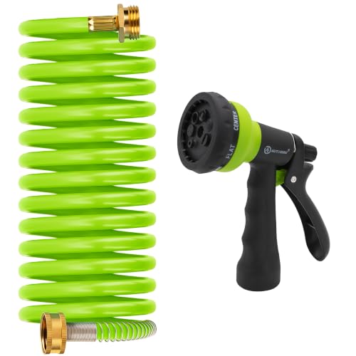AUTOMAN Coil Garden Hose 15 ft, EVA Curly Water Hose with Brass Connectors, Recoil Garden Water Hose,Includes 7-Pattern Function Sprayer,Retractable,Corrosion Resistant Garden Coil Hose. - color: Green, size: 15 ft