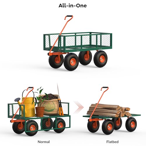 Hipicute 900 LBS Garden Cart Steel, 3 in 1 Heavy-Duty Folding Utility Wagon with Removable Sides, 180° Rotating Handle & 10 inch Tires for Outdoor, Farm, Yard, Lawn and Garden - size: 900 LBS