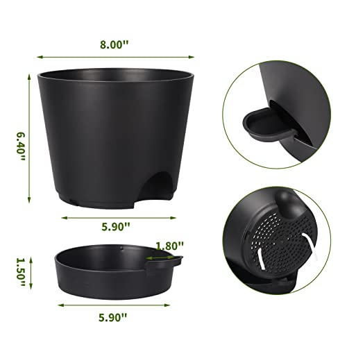 8 Inch Self Watering pots for Indoor, 6 Pack Plastic Plant Pots with Drainage Holes, Black