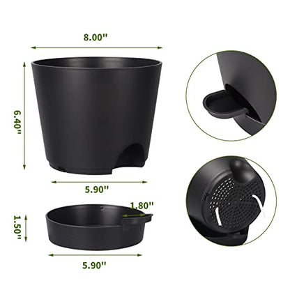 8 Inch Self Watering pots for Indoor, 6 Pack Plastic Plant Pots with Drainage Holes, Black