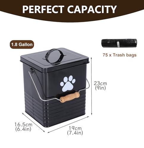 1.85Gal/7L Small Outdoor Trash Can with Lid, Metal Dog Poop Trash Can Outside, Dog Waste Container Bucket Handle(75 Trash Bags Included)-Black