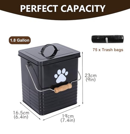 1.85Gal/7L Small Outdoor Trash Can with Lid, Metal Dog Poop Trash Can Outside, Dog Waste Container Bucket Handle(75 Trash Bags Included)-Black