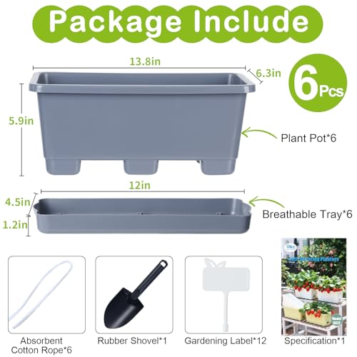 Oliz Window Box Planter 6 Packs, 13.8 Inches Rectangle Flower Pots with Drainage Holes & Trays, Pots for Vegetables, Herbs, Flowers, Garden Windowsill Balcony (Grey) - color: Gray