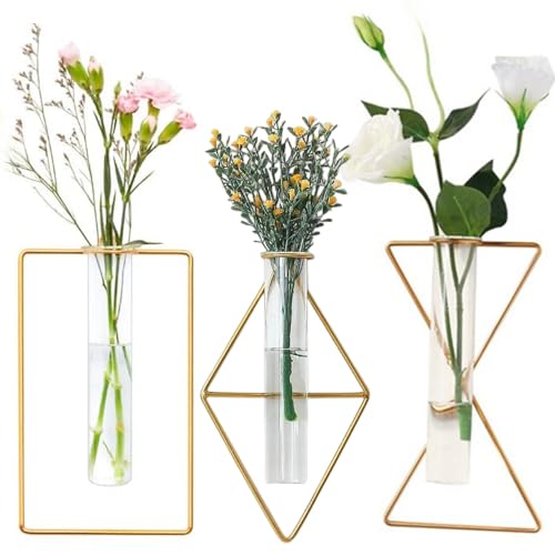 3 Pack IvyMei Luxurious Nordic Gold Wall Vase Metal Frame Glass Tube - color: Gold 6