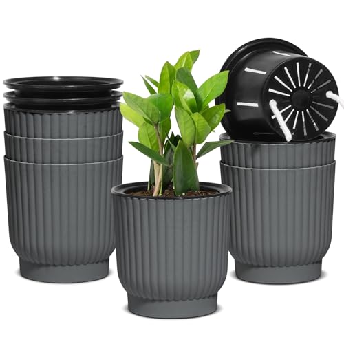 T4U Self Watering Pots for Indoor Plants, 4.5 Inch 6 Pack Planter Gray - color: Gray, size: 4.5 Inch
