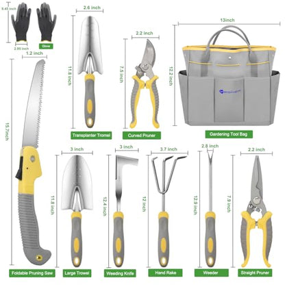 Yesker Gardening Tools 10-Piece Heavy Duty Garden Tool Set Gardening Supplies Gifts for Women Men Gardening Hand Tool Kit w Non-Slip Ergonomic Handle, Garden Bag, Durable Gloves, Pruning Shears, Gray - size: 10PCS Yellow Gray