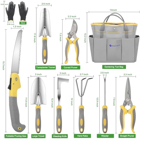 Yesker Gardening Tools 10-Piece Heavy Duty Garden Tool Set Gardening Supplies Gifts for Women Men Gardening Hand Tool Kit w Non-Slip Ergonomic Handle, Garden Bag, Durable Gloves, Pruning Shears, Gray - size: 10PCS Yellow Gray