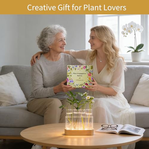 Plant Propagation Station with LED Grow Lights, 4 Glass Tubes & Oak Stand