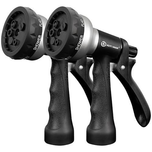 AUTOMAN-Garden-Hose-Nozzle, 2 Pack ABS Water Spray Nozzle, 7 Adjustable Watering Patterns, Slip Resistant for Watering Plants, Lawn& Garden, Washing Car, Showering Pets & Outdoor Fun.Silver Color - color: Silver