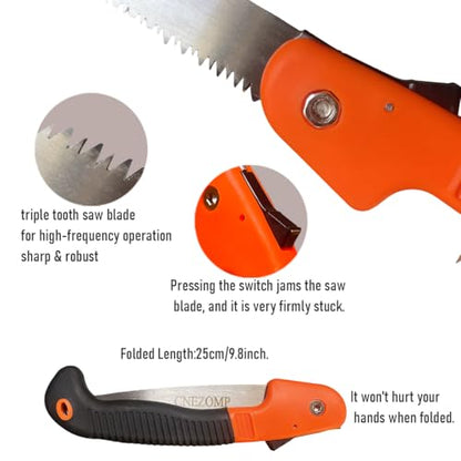 14-Inch Folding Camping Saw with Triple-Cut SK5 Blade, 7 TPI Razor Teeth for Tree Trimming, Wood Cutting, Bushcraft, Heavy Duty Pruning