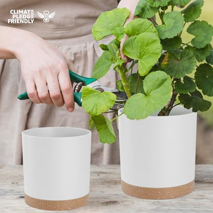 YNNICO Plant Pots with Drainage Holes and Saucers – 7, 6.5, 6, 5, 4 Inch Plastic Planters for Indoor Outdoor Plants, Modern Matte Finish, Lightweight & Durable（White - color: White