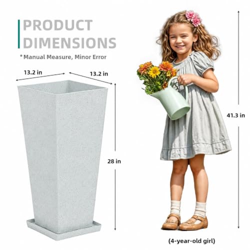 Autodaya 28" Plant Pots Tall Planters for Outdoor Plants Set of 2 with Tray - color: Tall Terrazzo White-28"