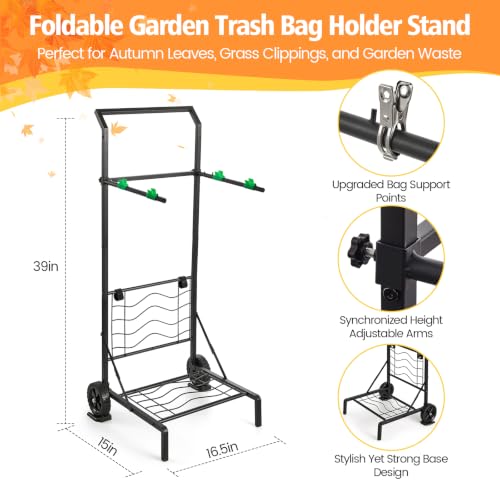 Foldable Leaf Bag Holder, 30-45 Gallon Mobile Trash Bag Stand