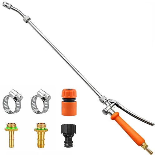 VANPET All Metal Sprayer Wand,1/4" & 3/8" & 1/2" Brass Barbs Sprayer Wand Replacement, Built-in Shut Valve Stainless Steel & 2 Hose Clamps - color: 29 Inches Sprayer Wand - Orange Handle