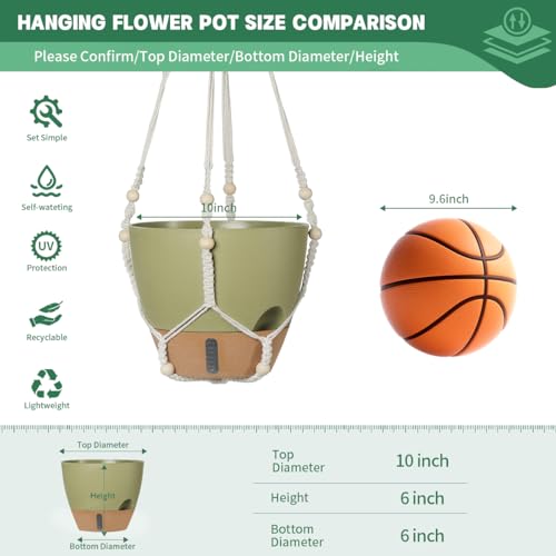 Self-Watering Hanging Planters for Indoor Plants Set 2-Piece Includes Plant Hanging Pot, Drainage-Hole Hanging Pot, and Hanging Basket Rack (10 Inches, Green) - color: Green