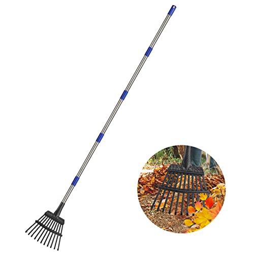 Rake for Leaves, 8" Wide 11 Tines Small Metal Hand Garden Adjustable Lawn Yard Shrub Kids Leaf Rake Heavy Duty Garden Tool for Gardening