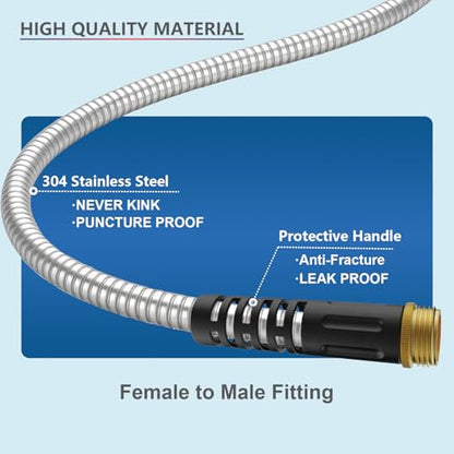 6ft Metal Garden Hose, Short Metal Hose with Female to Male Fitting, Water Lead-in Hose Extension, Stainless Steel Hose Extension Adapter for Hose Reel/RV, Durable, Flexible, Lightweight - size: 6 FT