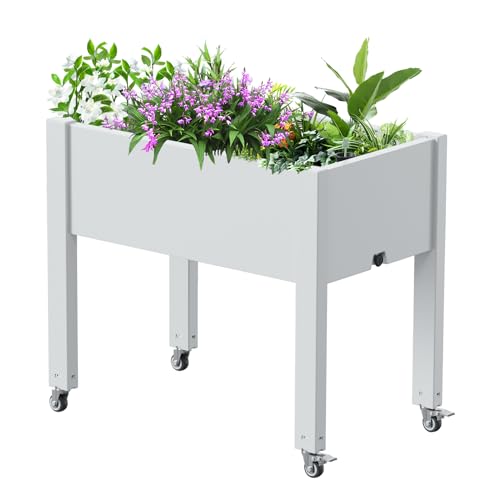 Vixzen Mobile Raised Garden Bed with Wheels, Self-Watering System,Outdoor Resin Planter Box for Vegetables, Flowers, Herbs on Patio, Balcony, Yard(Ashen, 30.04 * 17.72 * 28.9) - color: Ashen, size: 28.9"h