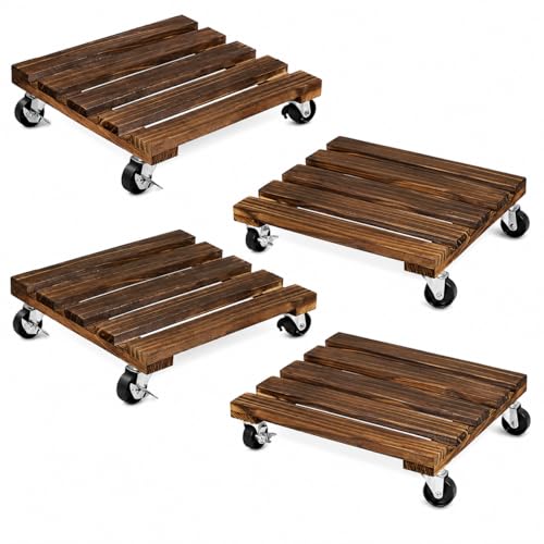 4 Pack Wooden Plant Stand With Wheels, 12" Rolling Planter Base Plant Stand, With Metal Lockable Caster Wheels, For Indoor Outdoor Plant Pots