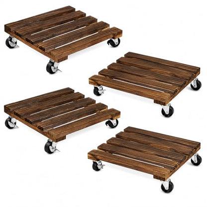 4 Pack Wooden Plant Stand With Wheels, 12" Rolling Planter Base Plant Stand, With Metal Lockable Caster Wheels, For Indoor Outdoor Plant Pots
