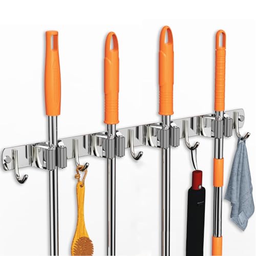 CUXIXA Mop and Broom Holder Wall Mount for Kitchen Garden Laundry Garage - color: Silver, size: 4 Racks with 5 Hooks