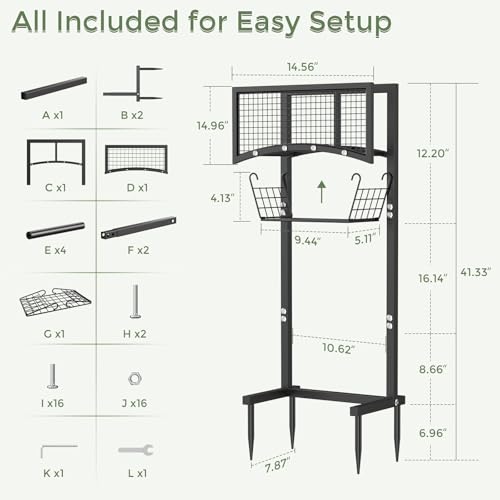 Garden Hose Holder Freestanding with Storage Basket, Holds Up to 165FT Hose, Heavy Duty Metal Water Hose Holder with 4 Anchor Spikes, for Yard, Lawn & Patio - color: Black