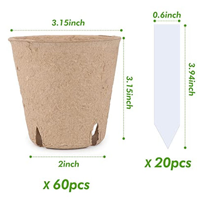 homenote Peat Pots, 60 Pcs 3.15 Inch Seed Starting Pots with Drainage Holes, Round Nursery Plant Pots with Bonus 20 Plant Labels - size: 3.15 Inch