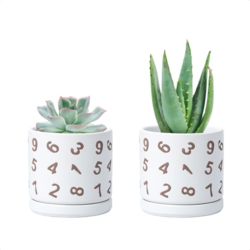 D'vine Dev Set of 2 Ceramic Planter Pots with Drainage Hole and Saucer, 4.5 Inch Plant Pots for Plants Indoor Houseplants, White, 99-Z-B-1-V - size: 4", style: Numbers White