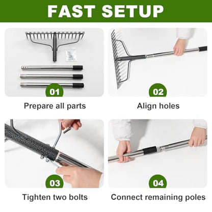Bow Rake, 79" Heavy Duty Garden Rake with Wide 17 Tines Head & Stainless Steel Handle, Adjustable Rakes for Lawns Yard Loosening Soil Thatching Gathering Leaves Gravel - style: 79 inch