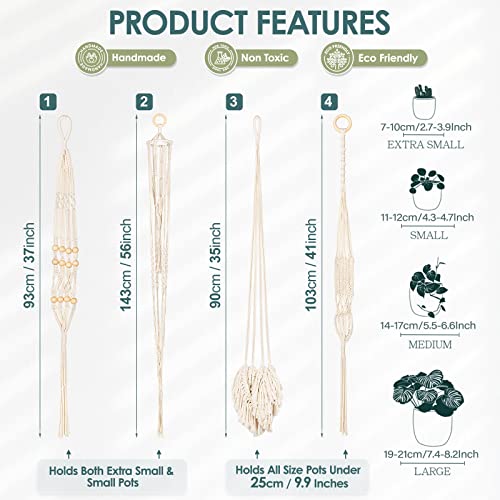Macrame Plant Hanger Indoor Set of 4, Bohemian Hanging Planter with Tassels - color: Beige