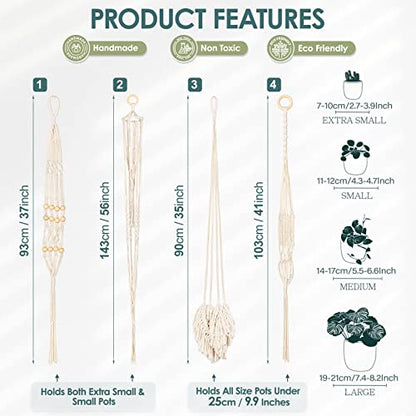 Macrame Plant Hanger Indoor Set of 4, Bohemian Hanging Planter with Tassels - color: Beige