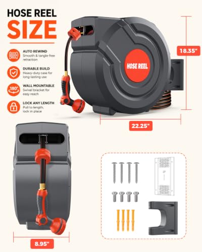 130 FT 1/2 Inch Retractable Garden Hose Reel 180° Swivel Automatic Slow Return Any Length Lock Hose Reels for Outside 9 Pattern Sprayer Nozzle UV Resistant - size: 130ft 1/2 Inch