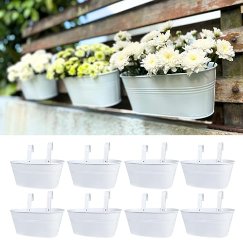 LaLaGreen Outdoor Rail Planter (11.8 in, 8 Pack) White Metal Fence Buckets - size: 11.8" (30 cm) x 8 Pack