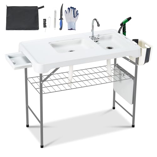 Dragosum 42" Outdoor Fish Cleaning Table with Double Sinks & 6pc Kit (Grey) - color: White & Grey, size: without Grill Extension Board