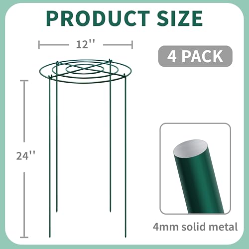 4 Sets Peony Support Cage,12"Diax24"High Heavy Duty Metal Plant Support,Grow Through Hoops Grids with 4 Thickened 4mm Legs,Strong Support Brace for Heavy Blossoms,Flower Support Ring for Peonies,Rose - size: 12"X24"-4PCS