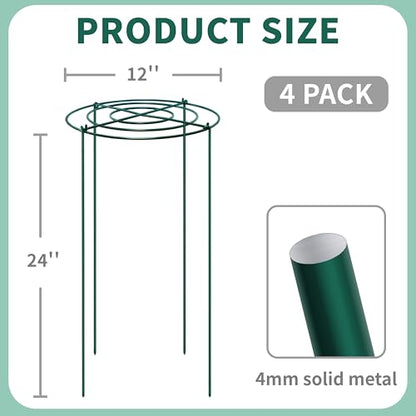 4 Sets Peony Support Cage,12"Diax24"High Heavy Duty Metal Plant Support,Grow Through Hoops Grids with 4 Thickened 4mm Legs,Strong Support Brace for Heavy Blossoms,Flower Support Ring for Peonies,Rose - size: 12"X24"-4PCS