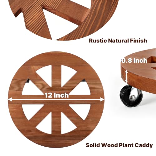 2 Pack Plant Caddy with Wheels 12'' Wood Rolling Plant Stand Indoor Brown