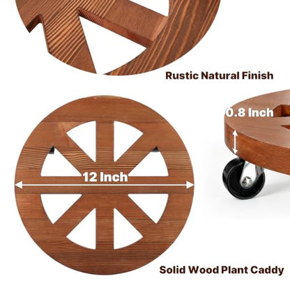 2 Pack Plant Caddy with Wheels 12'' Wood Rolling Plant Stand Indoor Brown