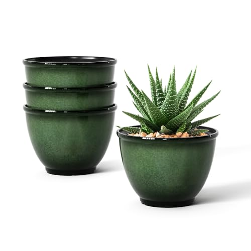 8Inch Plastic Plant Pots,4Pack Glazed Flower Pots for Indoor Outdoor Plants - color: Green