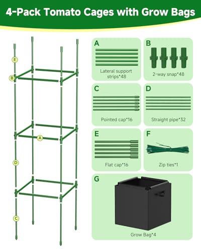 4 Pack Square Tomato Trellis Cages 55 Inch Height, with 17 Gallon Square Grow Bags (12×12in), Heavy Duty Tomato Plant Support Stakes for Outdoor Garden Climbing